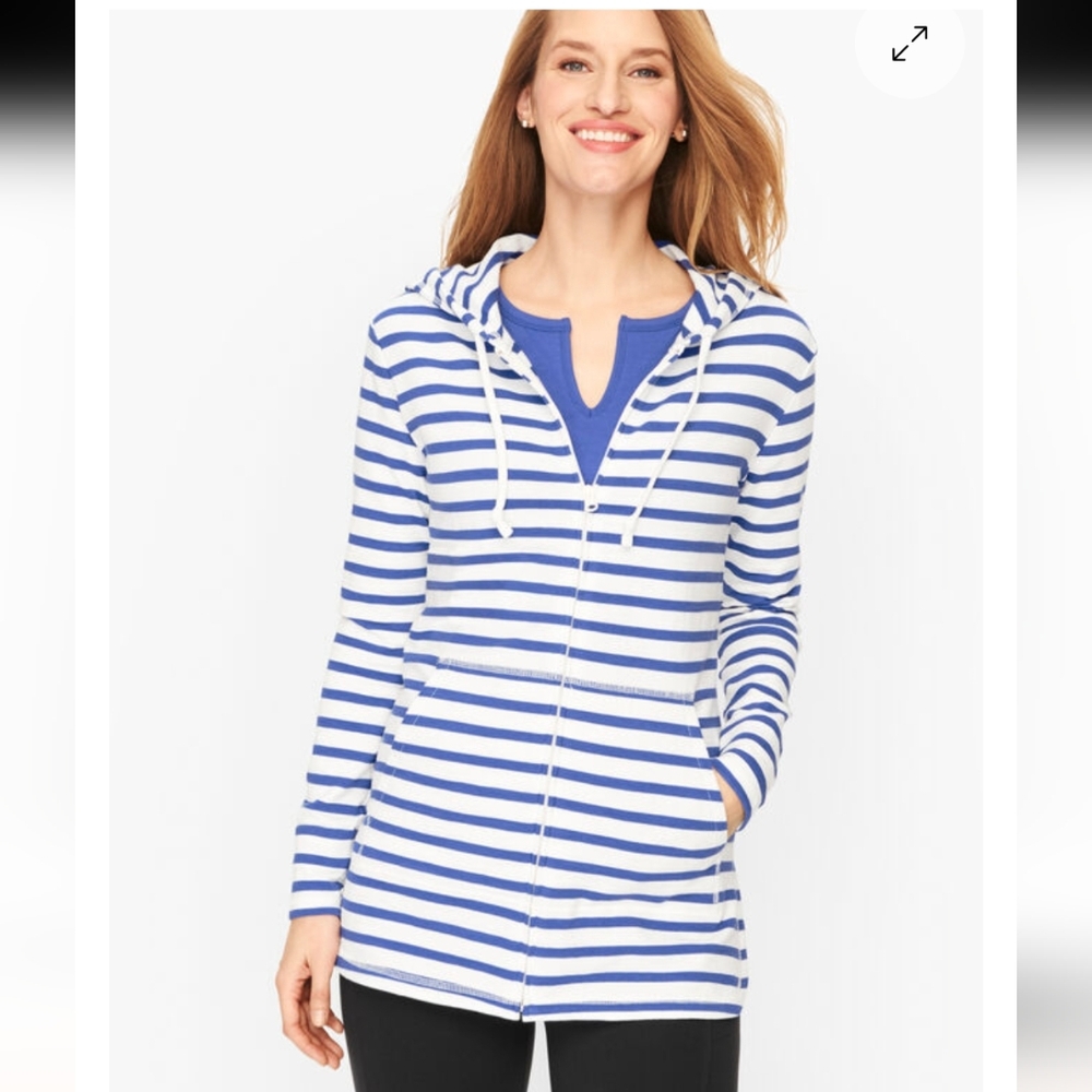 T by Talbots UPF 50+ Slub Terry Hooded Jacket Blue And White Striped